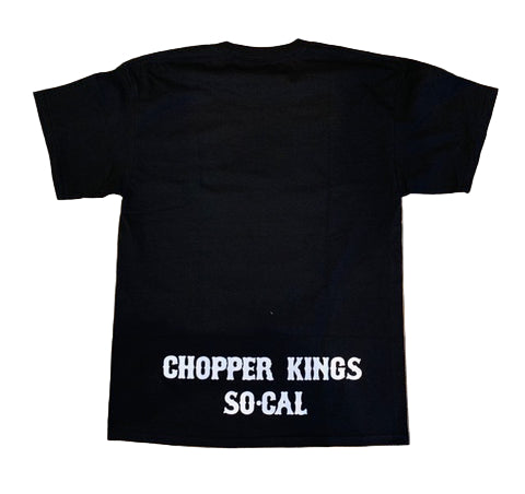Black t-shirt with 'Chopper Kings SO CAL' text on a white background