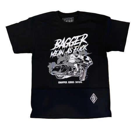 Black t-shirt with white graphic and text on a white background