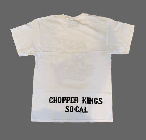 White t-shirt with 'Chopper Kings So-Cal' text on a dark background
