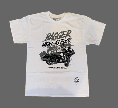 White t-shirt with graphic design and text on a dark background