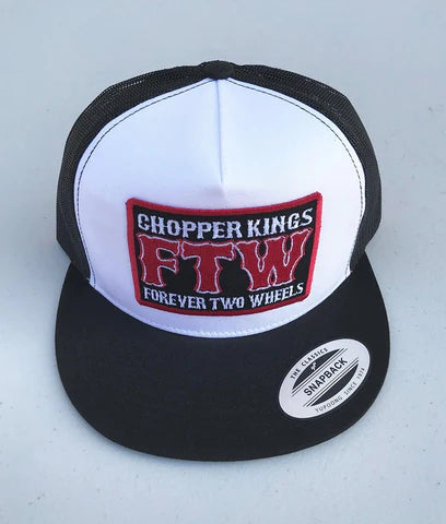 Black and white cap with 'Chopper Kings FTW Forever Two Wheels' logo on a light gray background