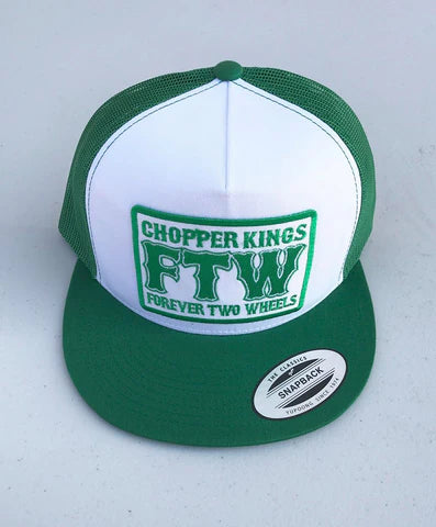Green and white cap with 'Chopper Kings FTW Forever Two Wheels' text on a light gray background
