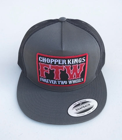Gray trucker cap with 'Chopper Kings FTW Forever Two Wheels' patch on a white background