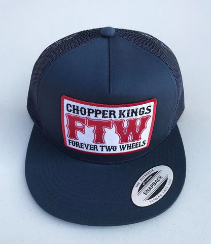 Navy blue cap with red and white logo on a light gray background