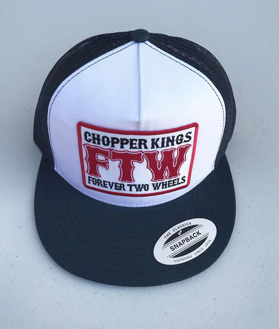 Black and white cap with 'Chopper Kings FTW Forever Two Wheels' logo on a light gray background