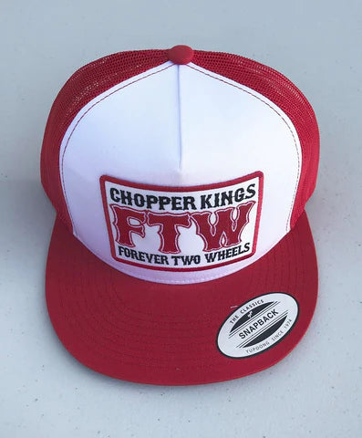 Red and white cap with 'Chopper Kings FTW Forever Two Wheels' text on a light gray background