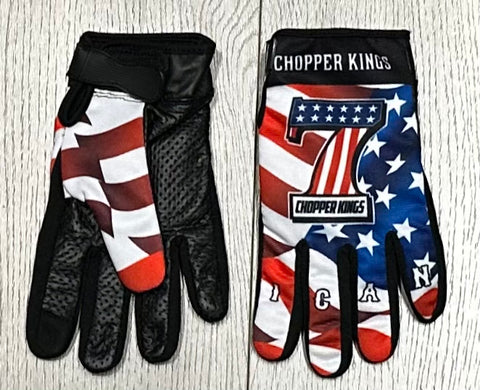 Pair of gloves with American flag design and 'Chopper Kings' branding on a wooden surface.