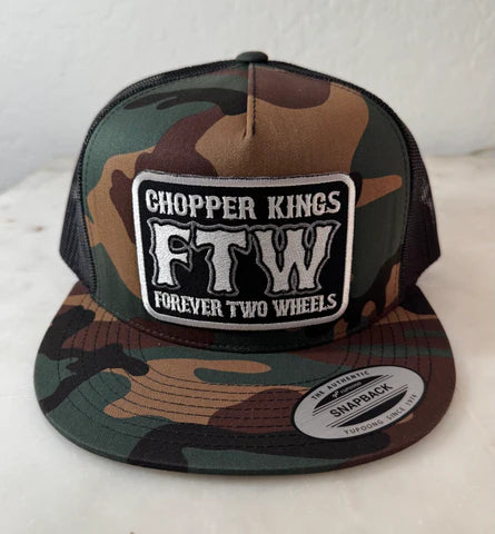 Camouflage trucker hat with 'Chopper Kings FTW Forever Two Wheels' patch on a white background