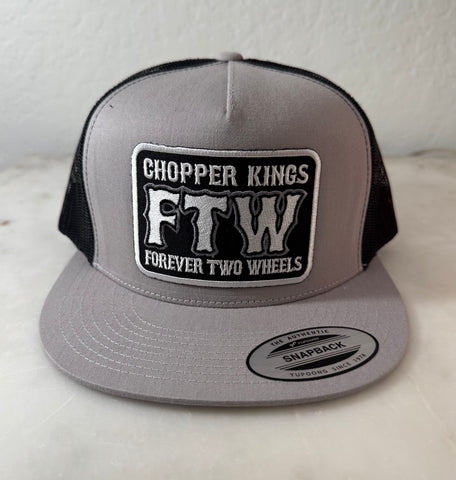 Gray and black trucker hat with 'Chopper Kings FTW Forever Two Wheels' patch on a white background