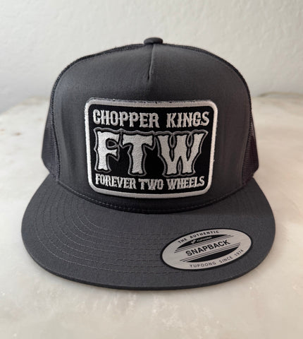 Gray trucker hat with 'Chopper Kings FTW Forever Two Wheels' patch on a white background