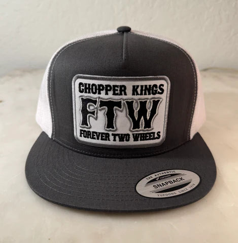 Trucker hat with 'Chopper Kings FTW Forever Two Wheels' logo on a light background