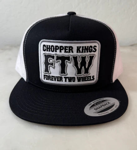 Black and white cap with 'Chopper Kings FTW Forever Two Wheels' logo on a light background