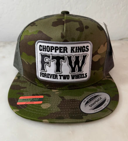 Camouflage trucker hat with 'Chopper Kings FTW Forever Two Wheels' patch on a white background