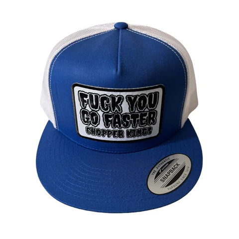 Blue and white cap with text on a white background