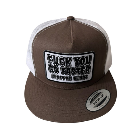 Brown and white trucker cap with text on a white background