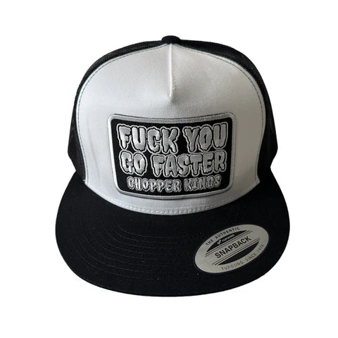 Black and white trucker cap with text on a white background