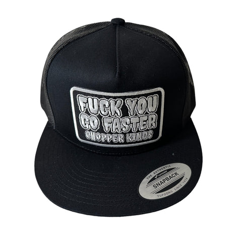 Black trucker cap with a white embroidered text design on a white background