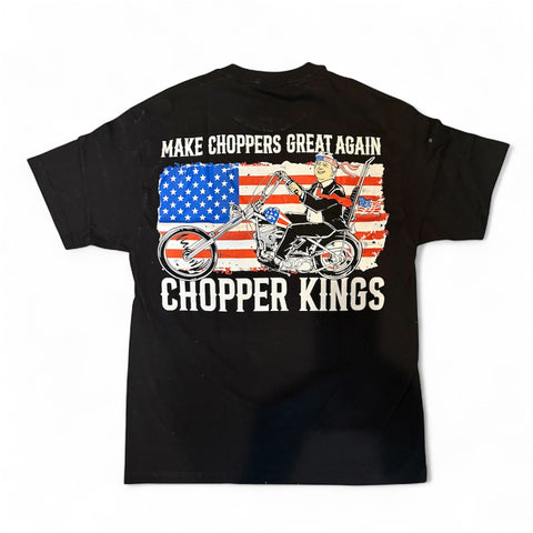 Black t-shirt with graphic design of a person on a motorcycle and American flag, text 'Make Choppers Great Again' and 'Chopper Kings'.