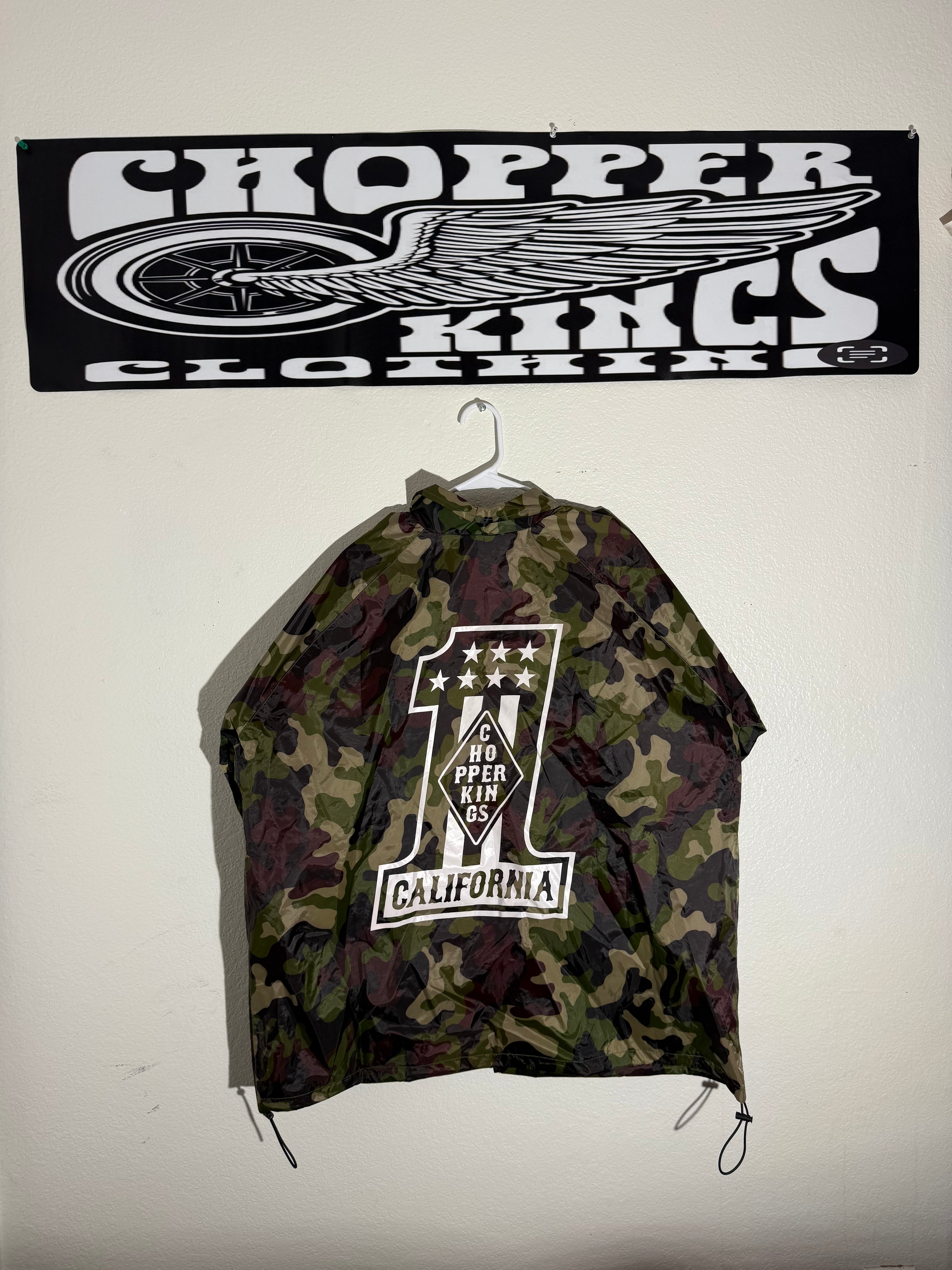 Camouflage drawstring bag with brand logo on a white background