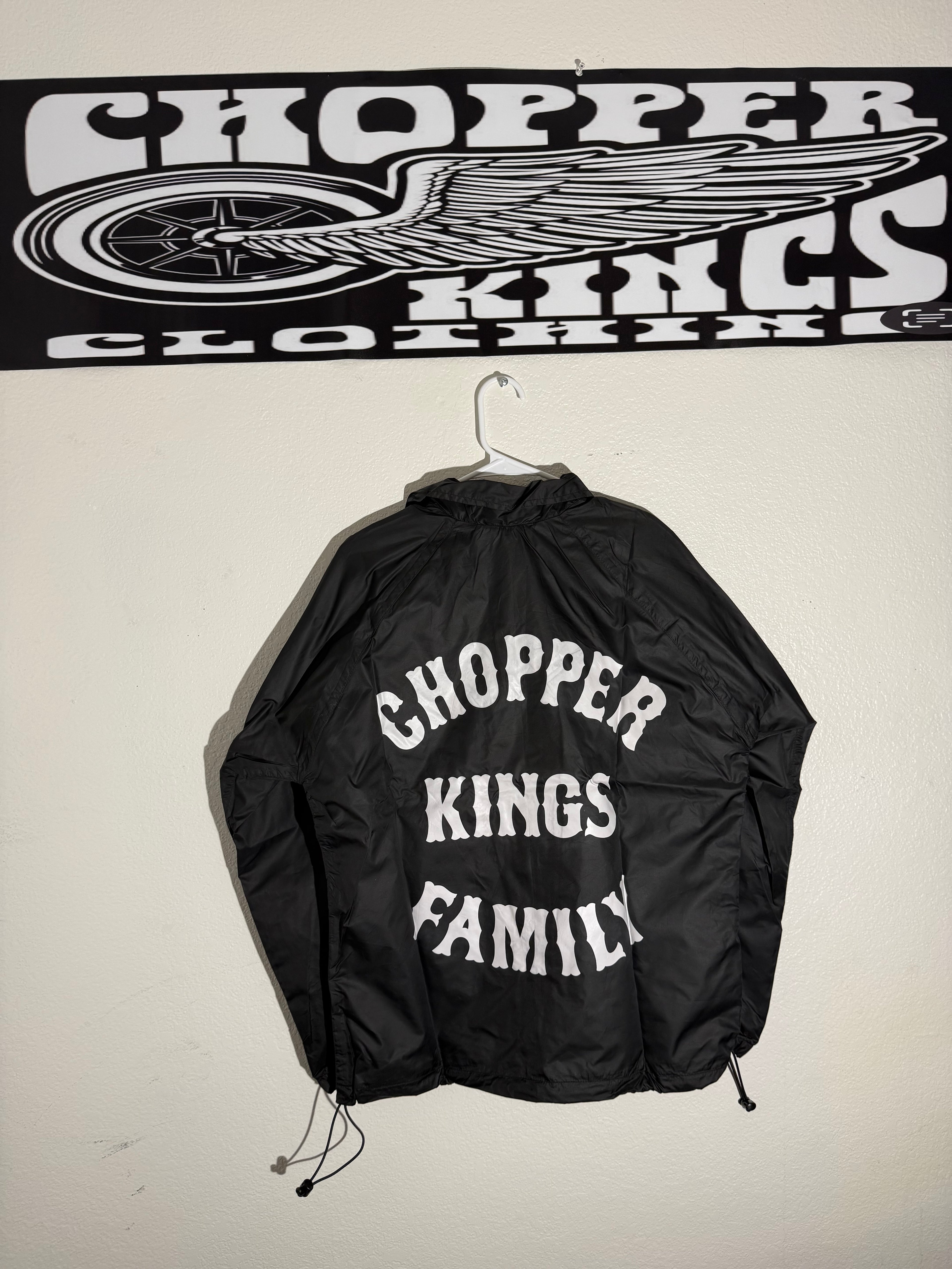Black drawstring bag with 'Chopper Kings Family' text next to a banner with a motorcycle graphic on a white background