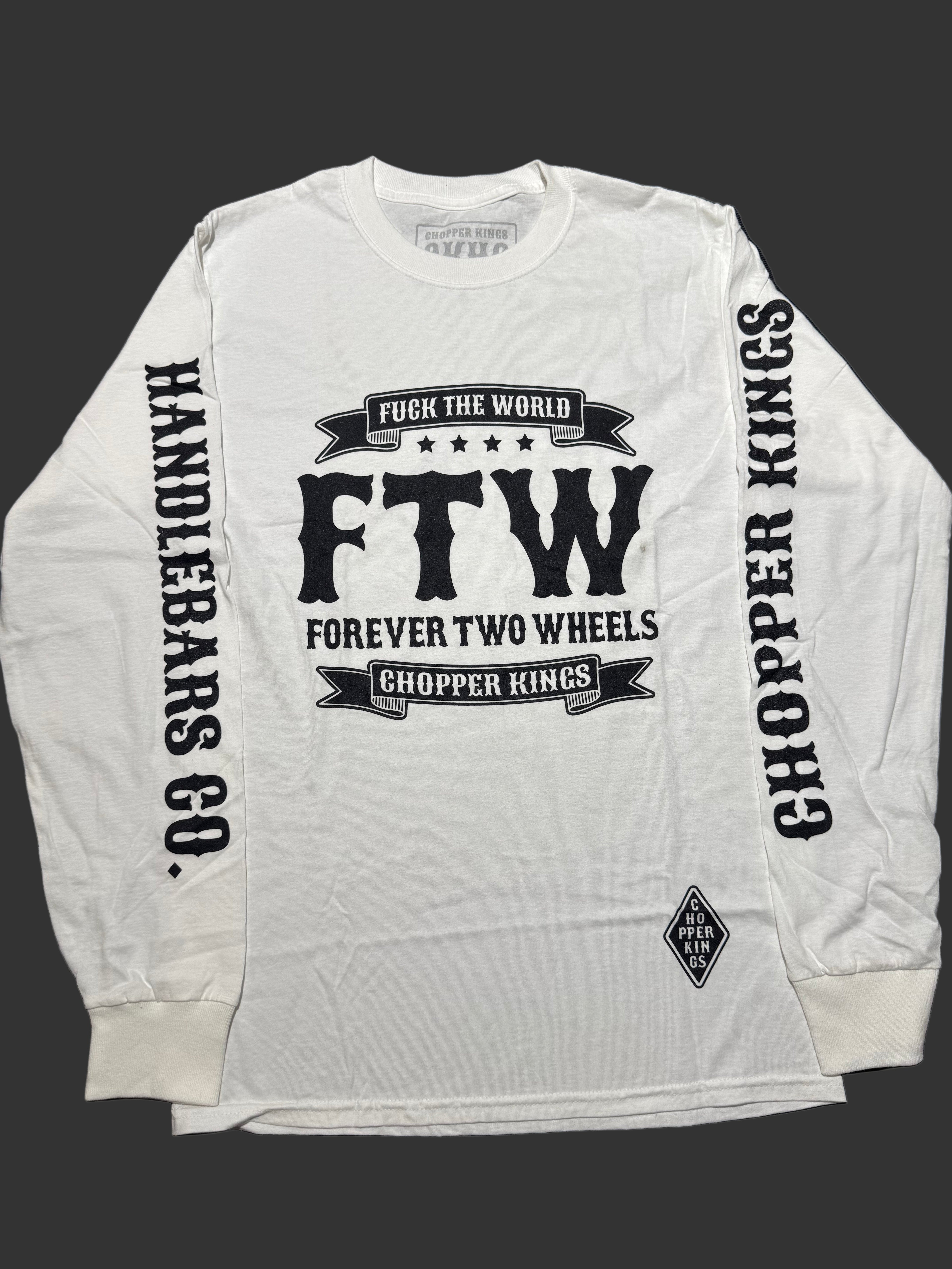 White long-sleeve shirt with black text and branding on a dark background