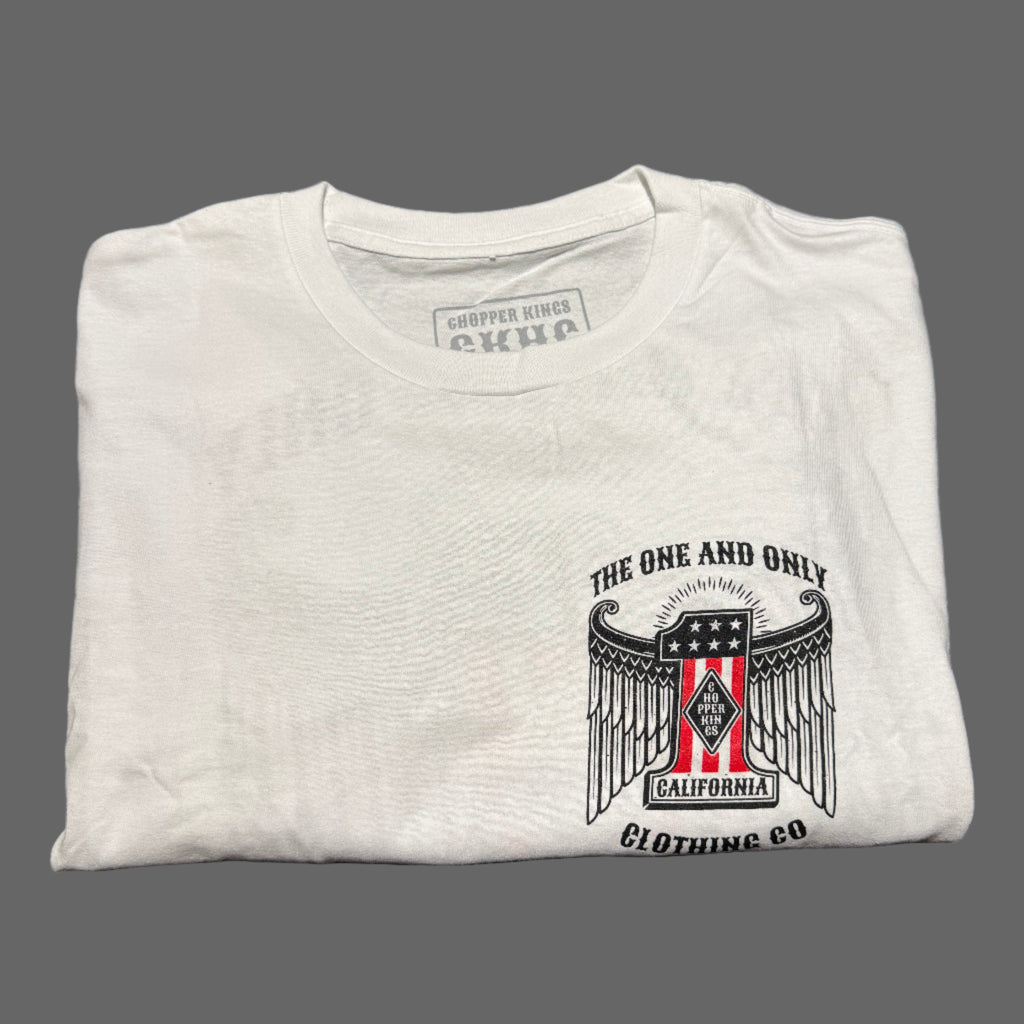 White tank top with a logo on a dark background