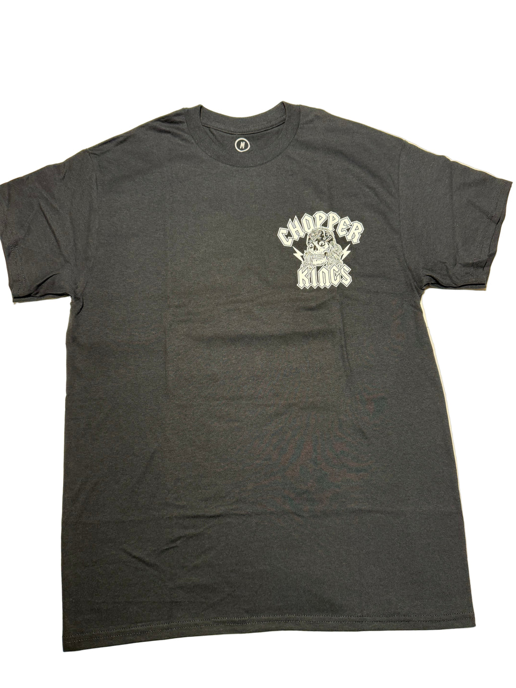 Black t-shirt with a white graphic design on a white background