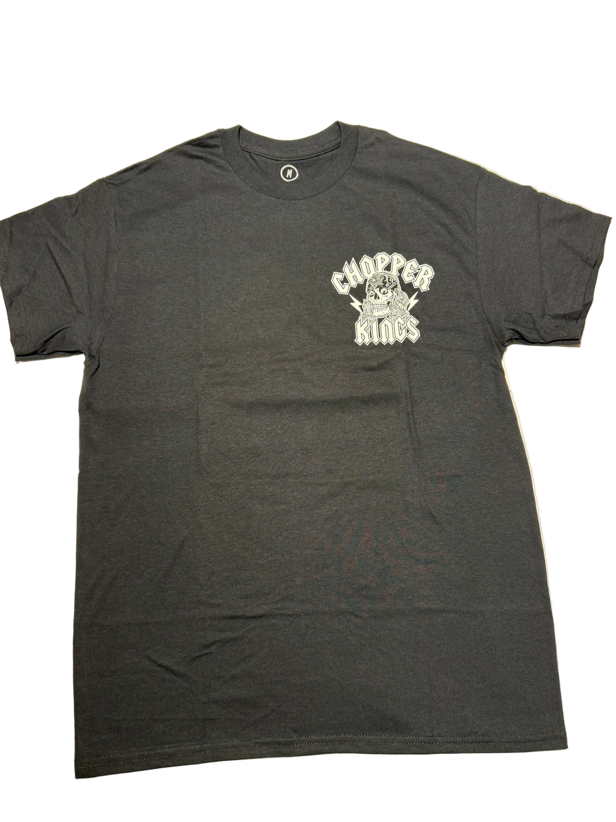 Black t-shirt with a white graphic design on a white background