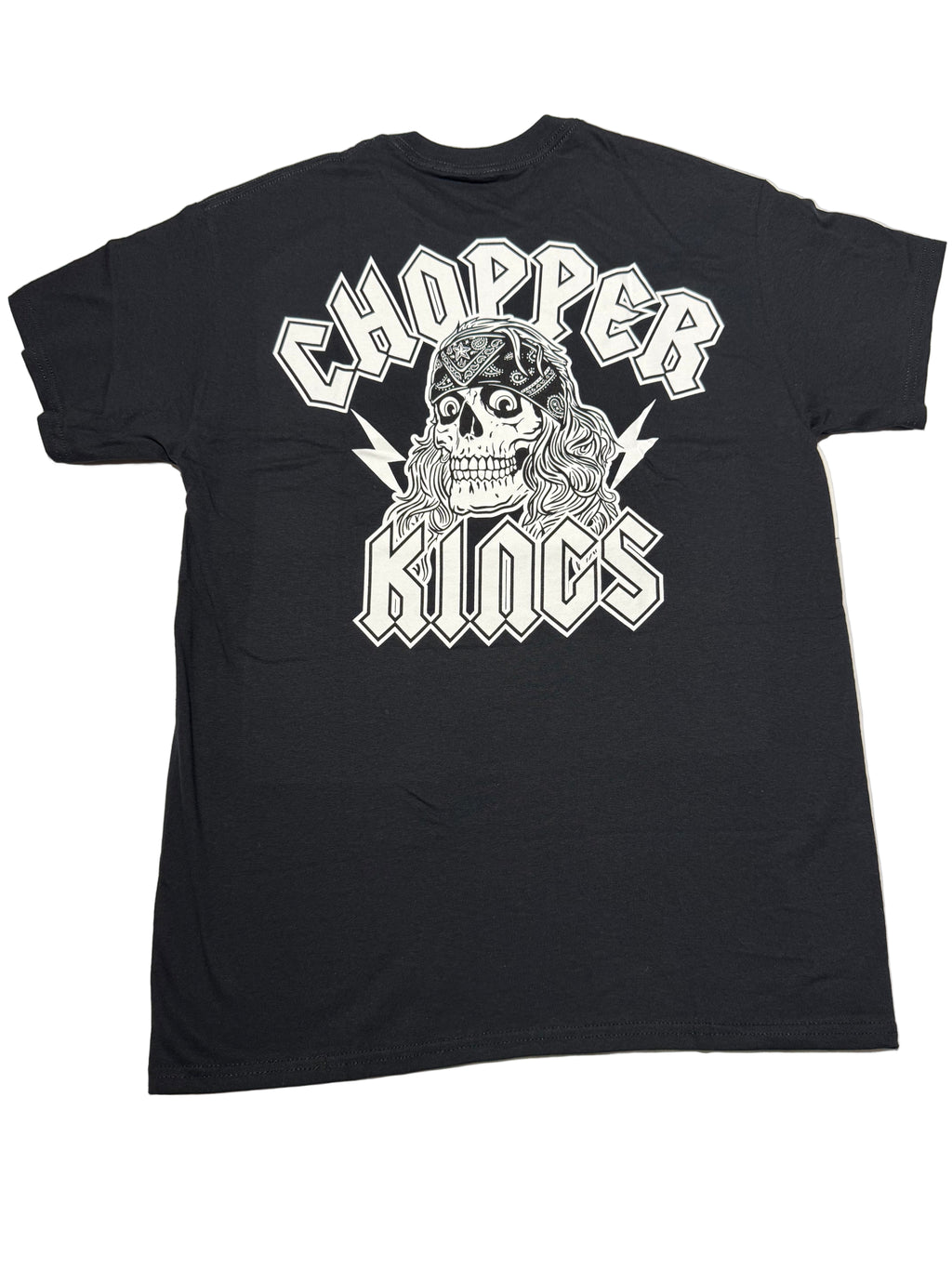 Black t-shirt with white graphic design on a white background