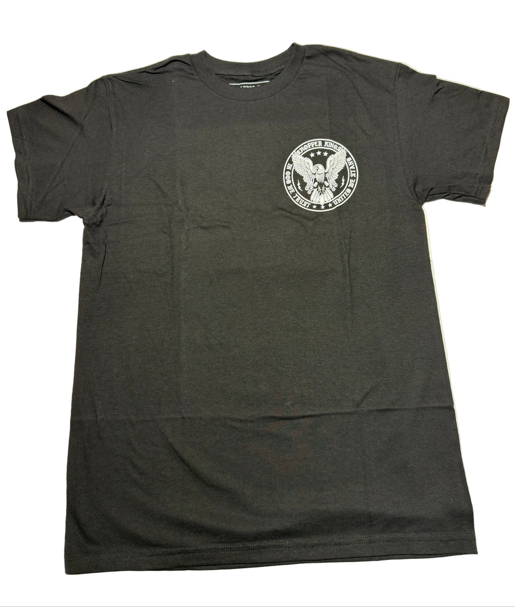 Black t-shirt with a logo on a light gray background