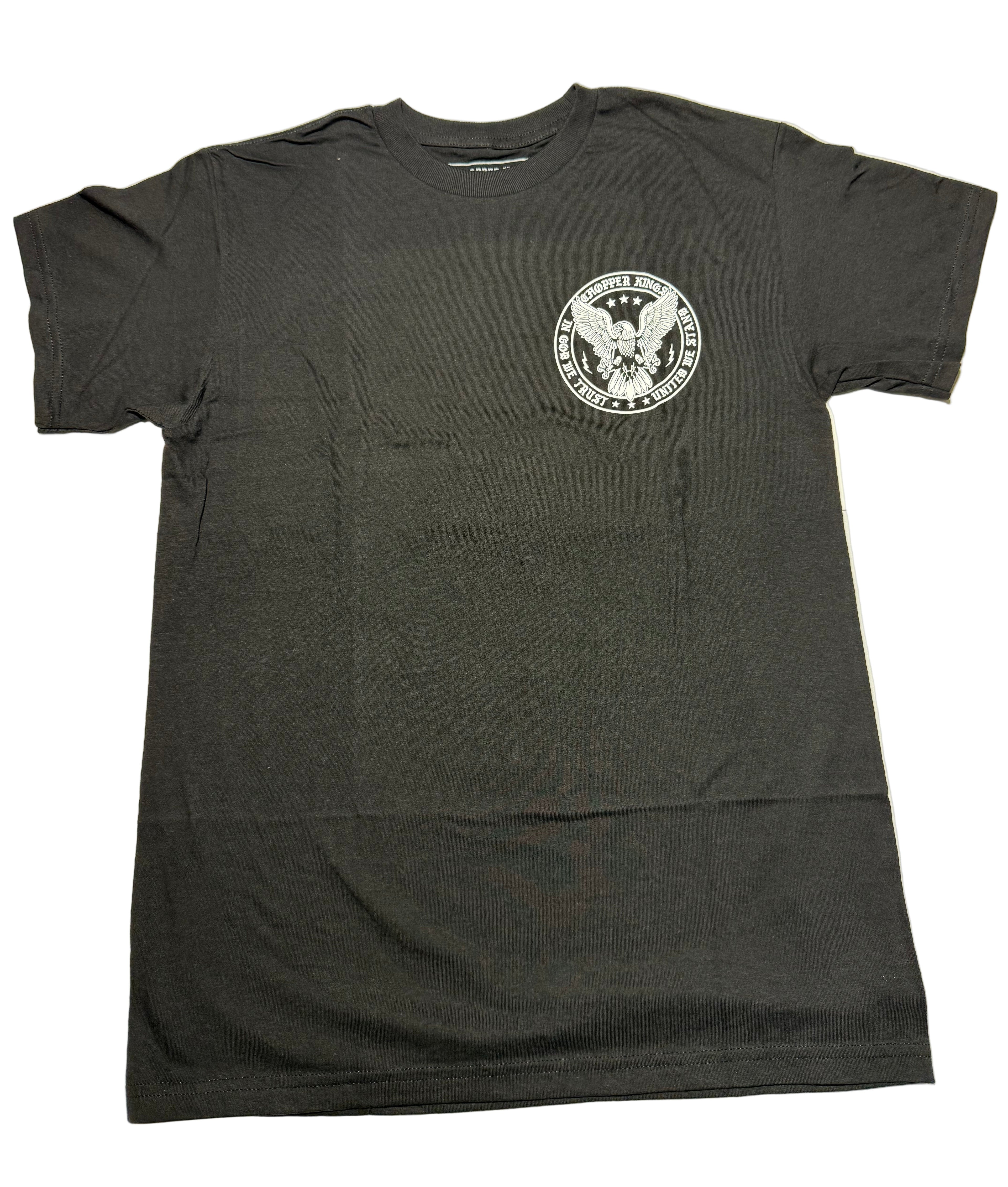 Black t-shirt with a logo on a light gray background