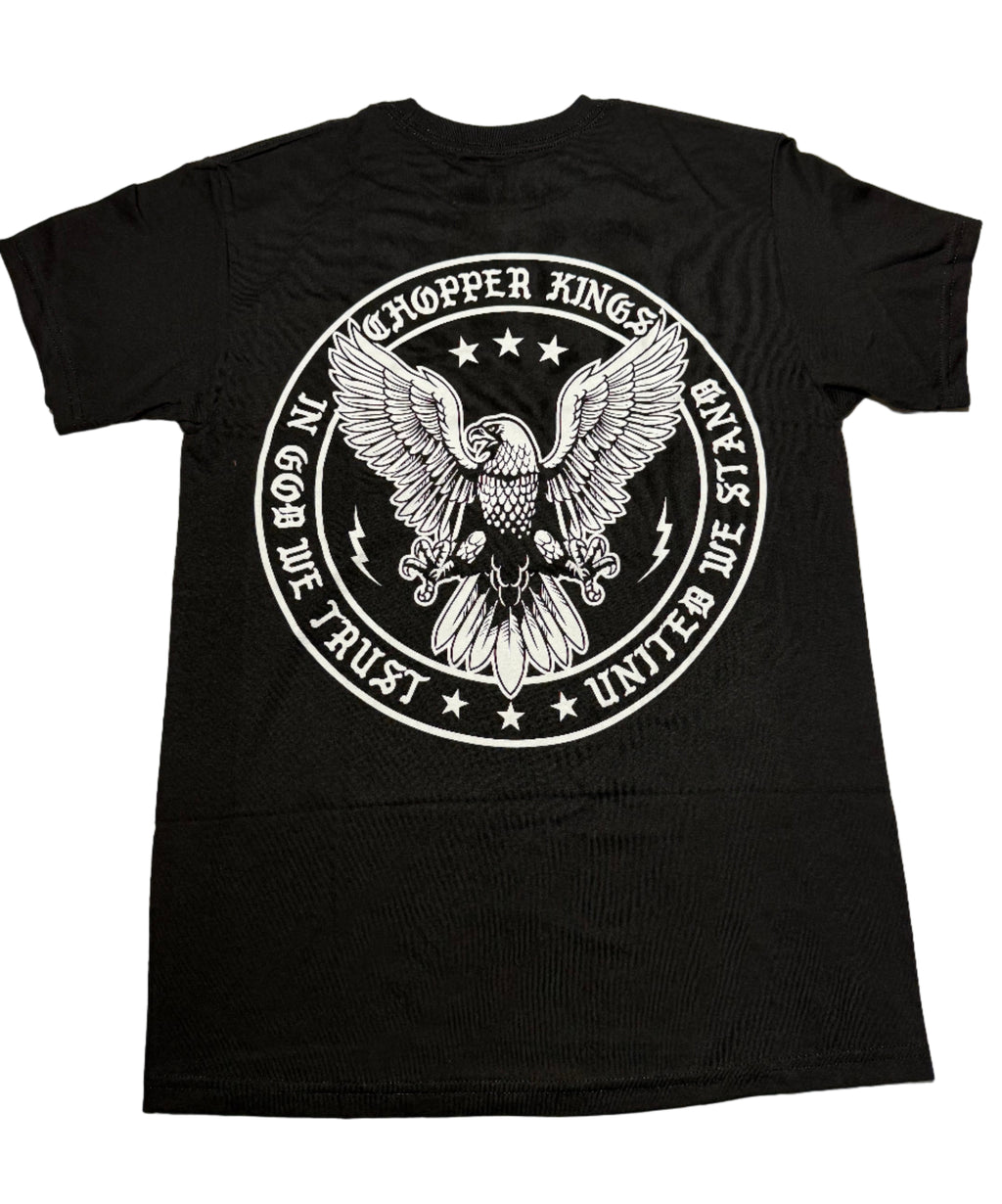 Black t-shirt with an eagle design and text on a white background
