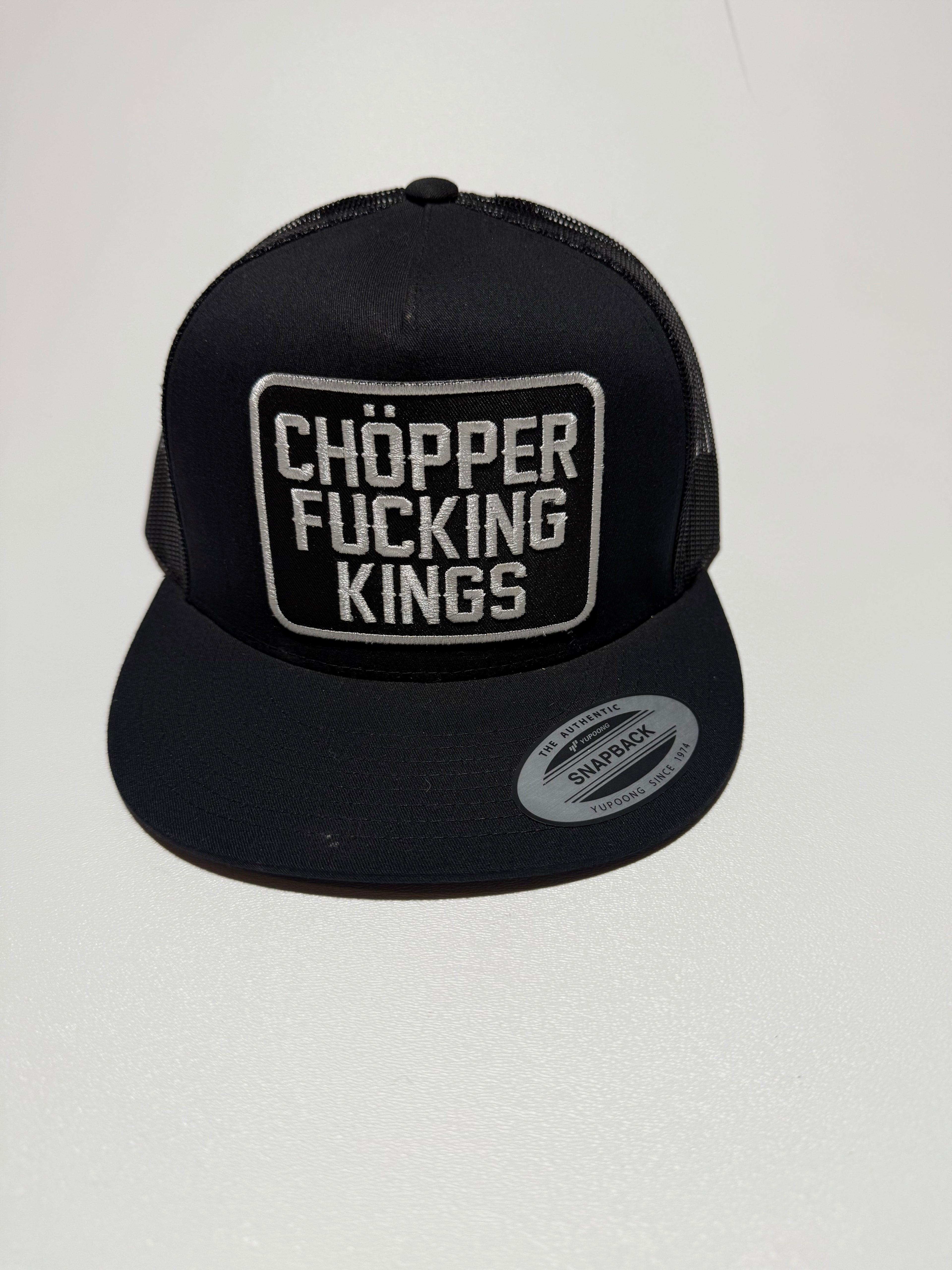 Black cap with 'Chopper Fucking Kings' text on a white background