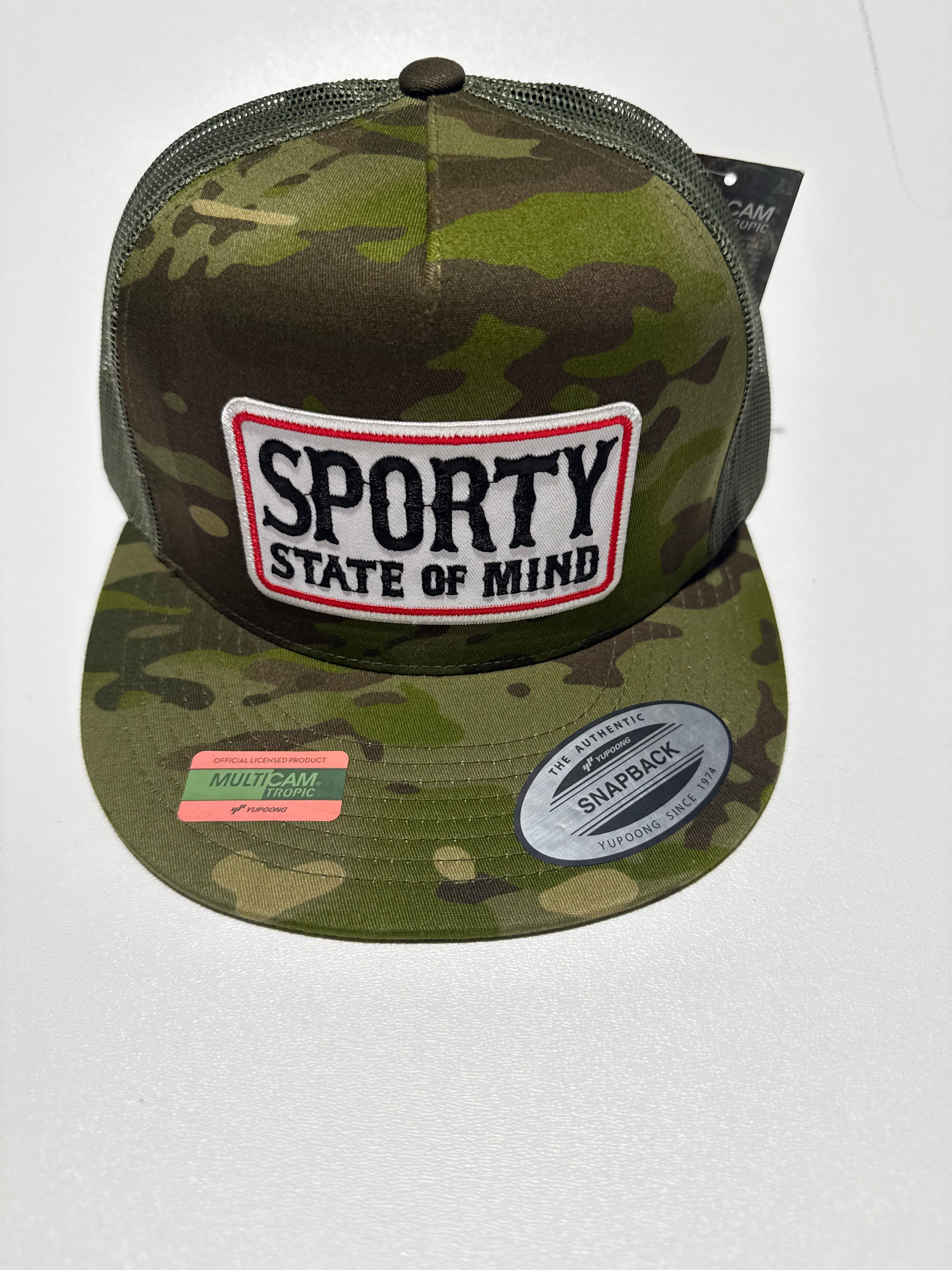 Camouflage cap with 'Sporty State of Mind' label on a white background