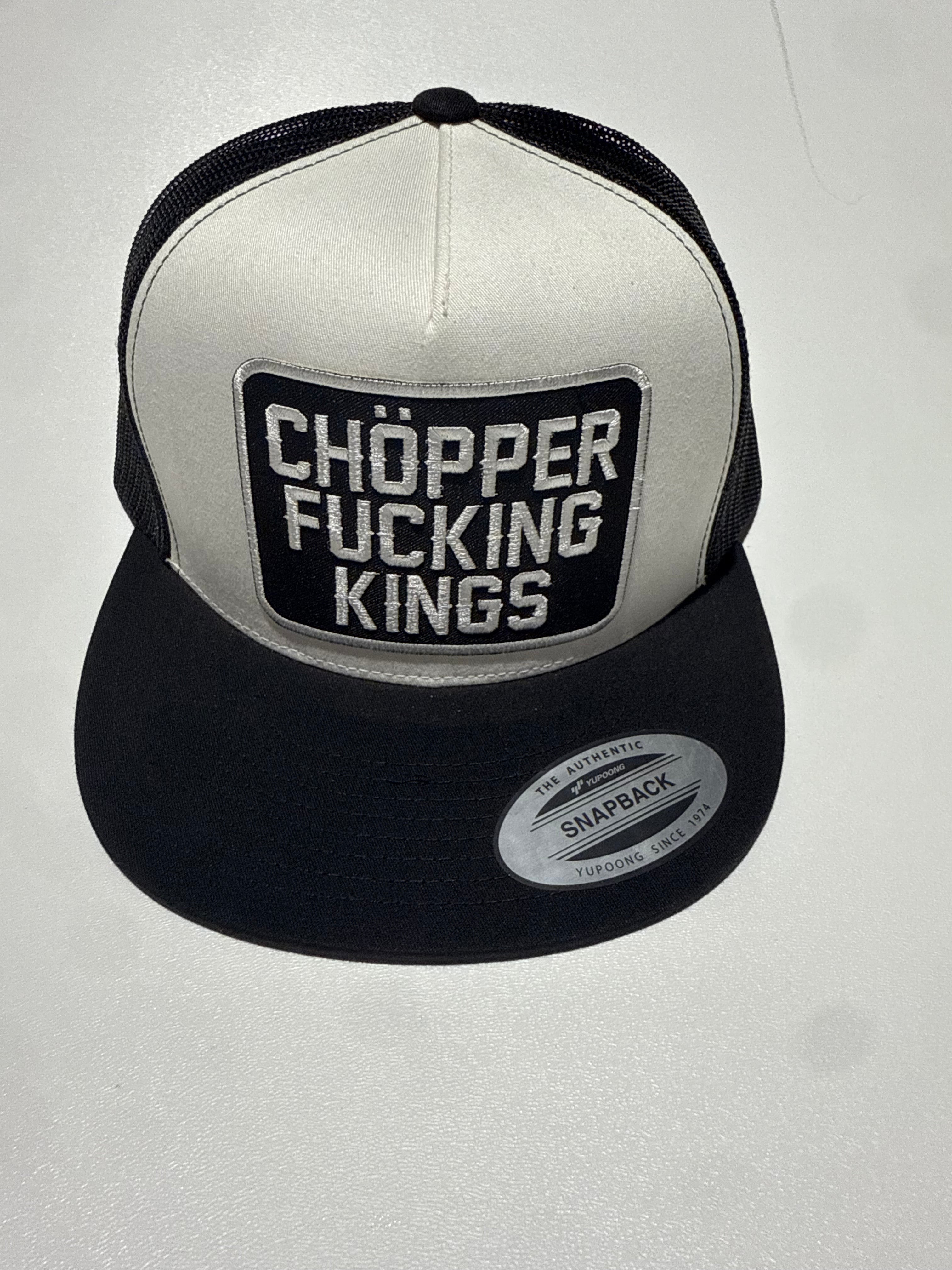 Black and white cap with 'Chopper Fucking Kings' text on a light gray background