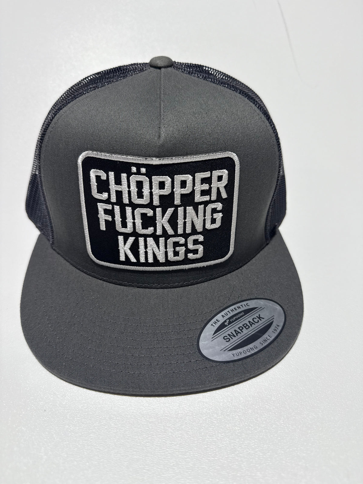 Gray cap with 'Chopper Fucking Kings' logo on a white background