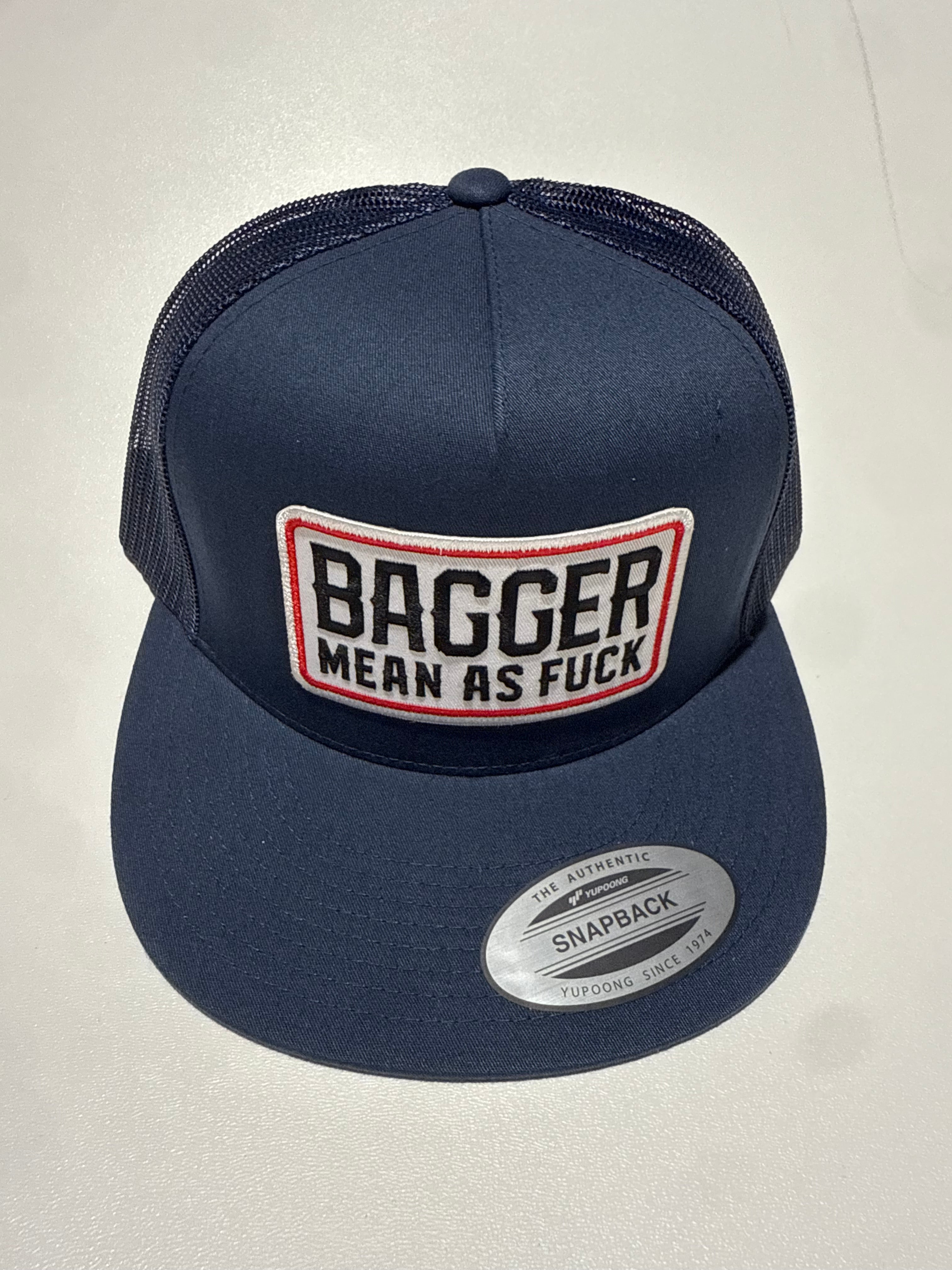 Navy blue cap with a logo and text on a light gray background