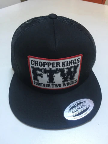 Black snapback cap with a patch reading 'Chopper Kings FTW Forever Two Wheels' on a white surface.