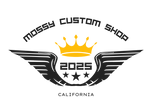 Logo of Mossy Custom Shop with wings and a crown on a white background