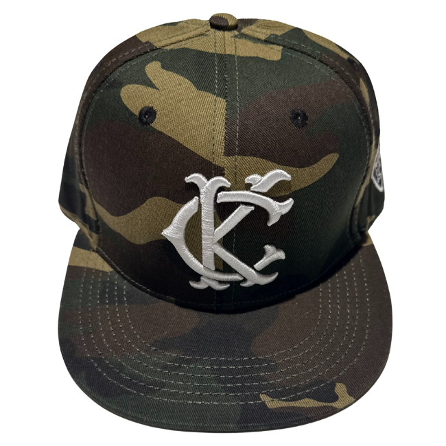 Camouflage baseball cap with a logo on a white background