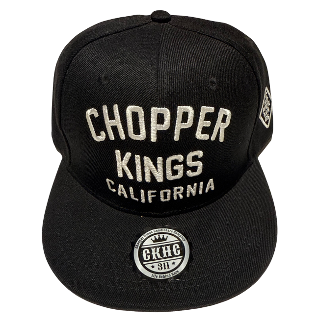 Black and black cap with 'Hopper Kings California' text on a white background