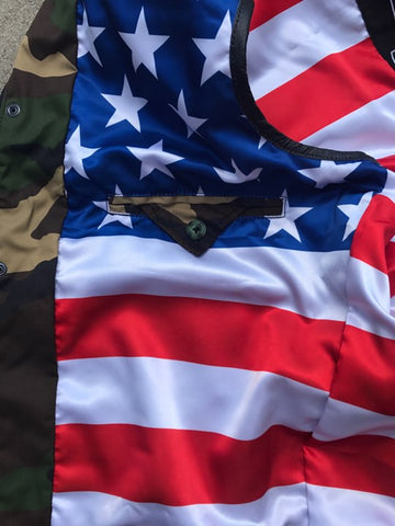 Close-up of a jacket with an American flag pattern