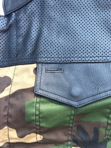 Close-up of outer pocket of camouflage-patterned jacket with perforated leather accents.