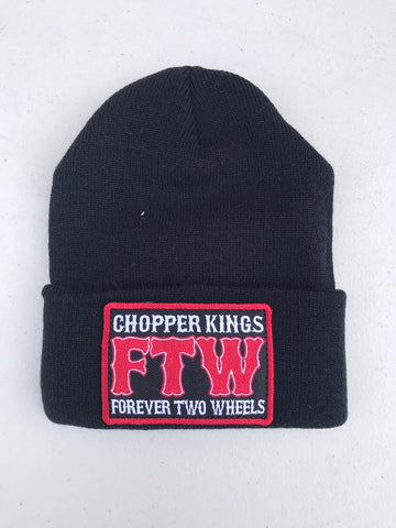 Black beanie with red and white text on a light gray background