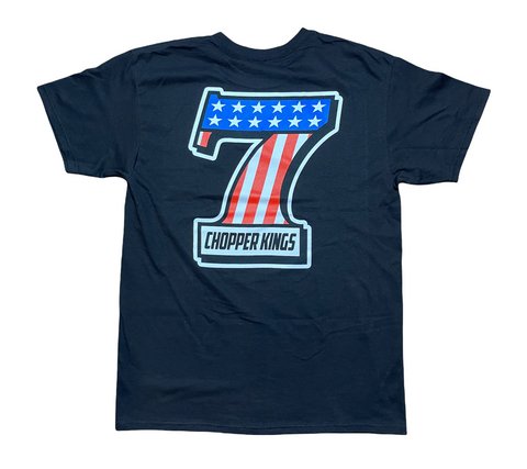 Navy blue t-shirt with a large number '7' design featuring stars and stripes, on a white background.
