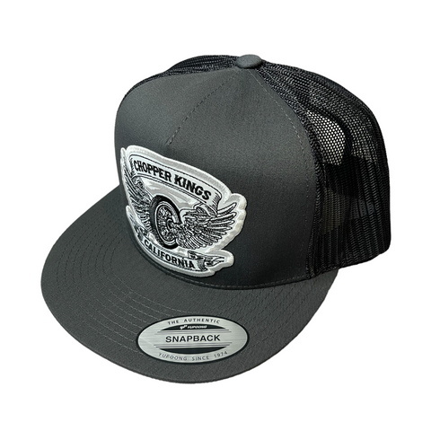 Black and gray trucker cap with a logo on a white background