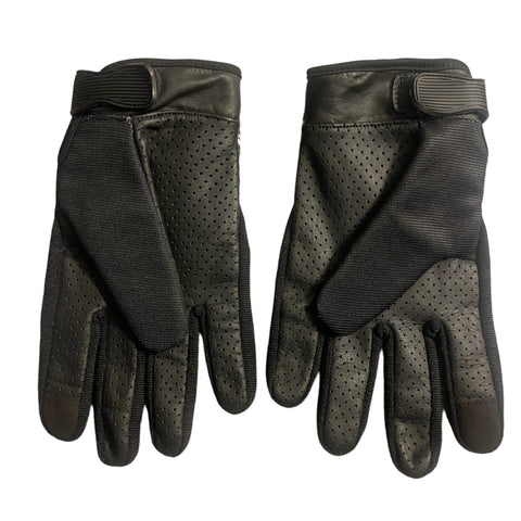Pair of black gloves with perforated design on a white background