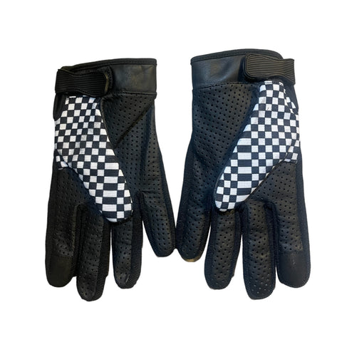 Pair of black gloves with checkered pattern on a white background