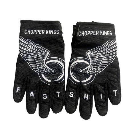Black gloves with winged logo and 'Chopper Kings' text on a white background