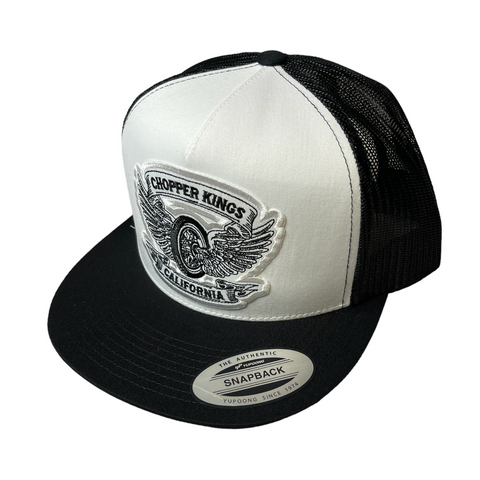 Black and white trucker cap with 'Chopper Kings California' logo on a white background